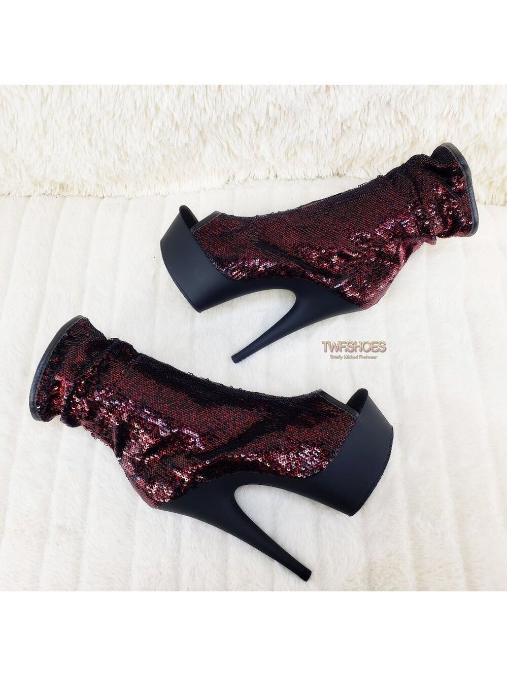 Pleaser Burgundy Sequin Slouch Shaft High Heel Platform Ankle Boots Delight 1008